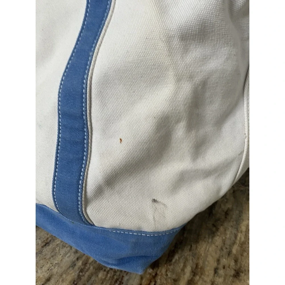 Vintage Lands End Tote 90s Blue White Canvas Large 5 Pocket Double Handle
